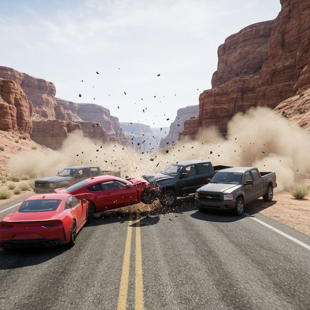 BeamMP multiplayer crash scene with multiple cars