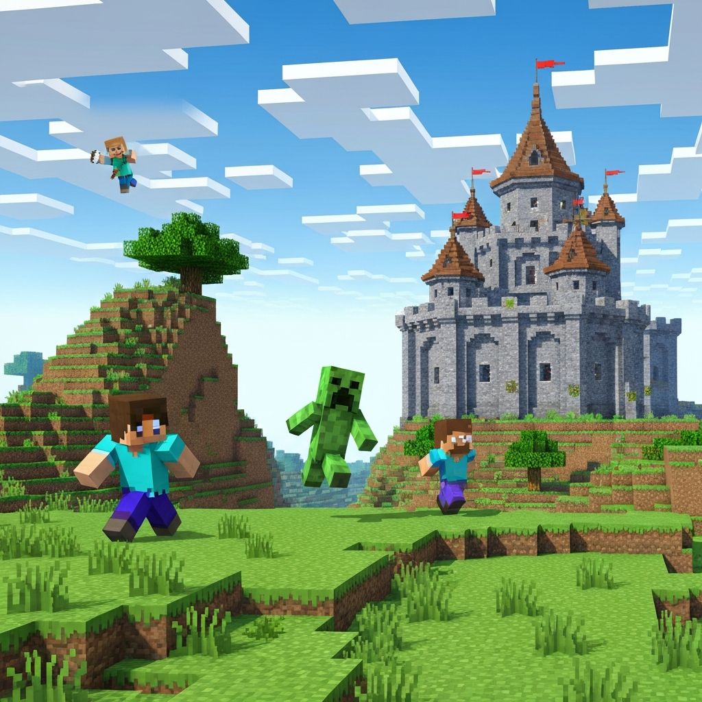 Minecraft multiplayer world with players building and exploring