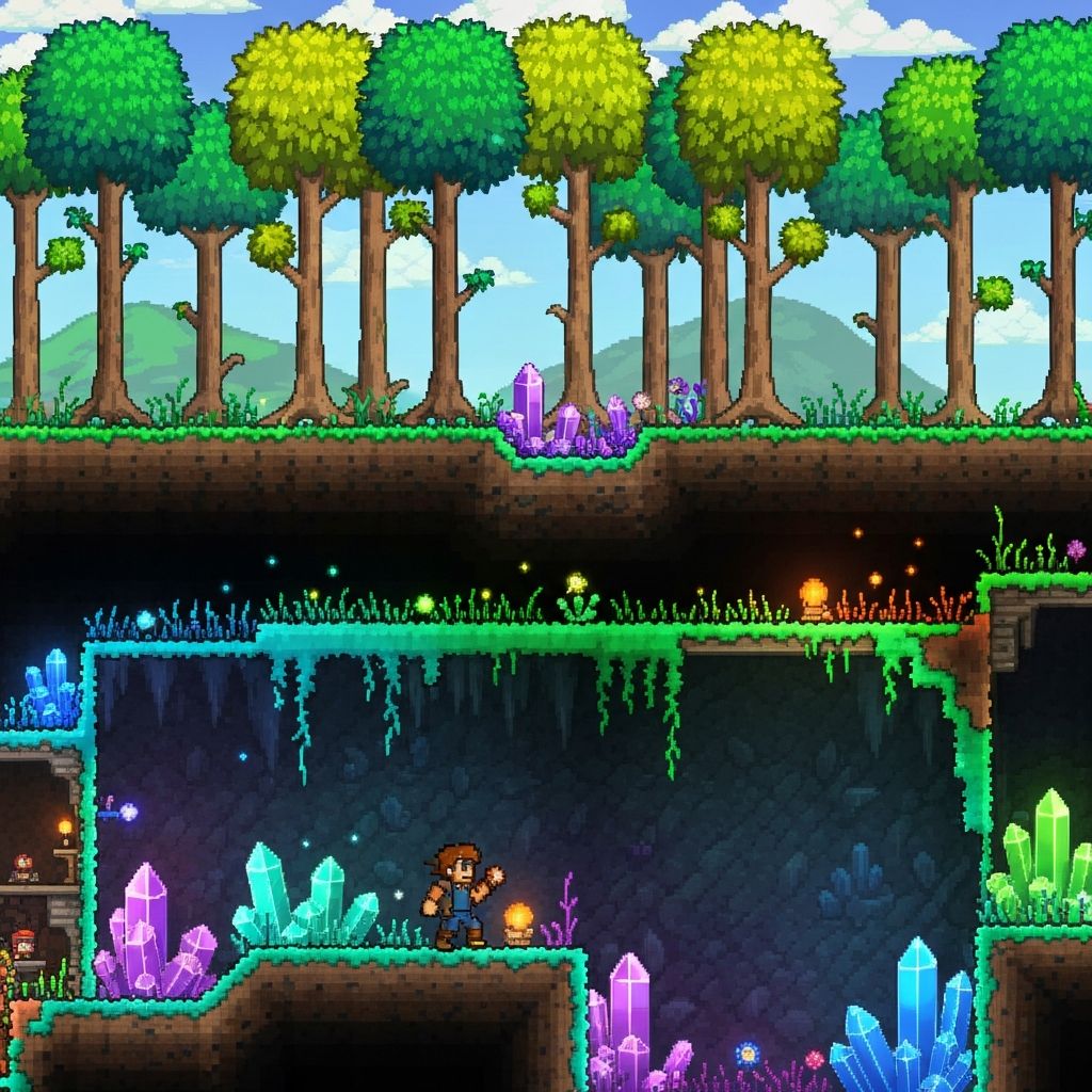 Terraria multiplayer gameplay showing players building and exploring